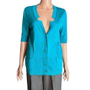 BCBGMaxAzria Short Sleeve Aqua Cardigan M Travel Cruise Lightweight Summer